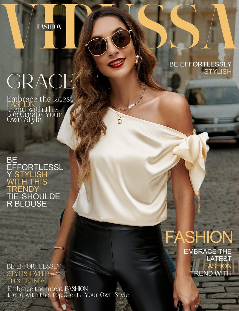VIDUSSA Women's Off Shoulder Silk Tops Casual Short Sleeve Asymmetrical Neck Satin Blouse Shirts Champagne XS - Image 2