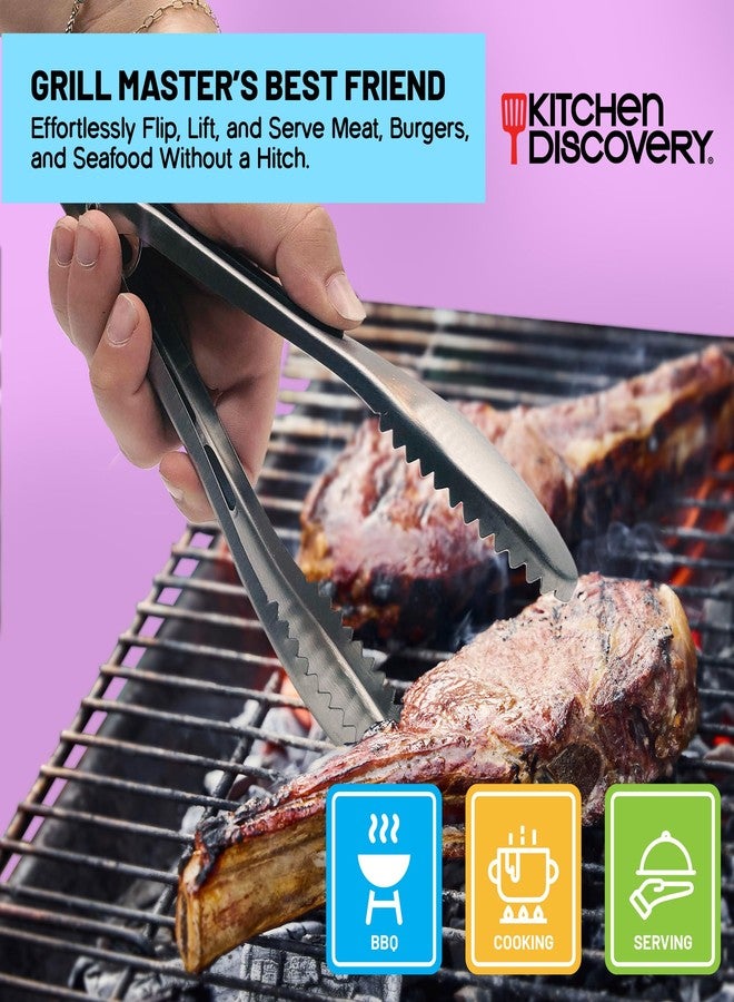 Kitchen Discovery Stainless Steel Gripper Tongs - 8.25 Inch Metal With Teeth for Nonslip Grilling, Cooking, and Serving - Ice and Pasta Grip Slippery Foods - Comfortable Cushioned Handles - Image 4
