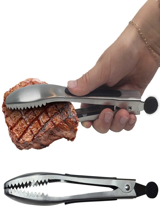 Kitchen Discovery Stainless Steel Gripper Tongs - 8.25 Inch Metal With Teeth for Nonslip Grilling, Cooking, and Serving - Ice and Pasta Grip Slippery Foods - Comfortable Cushioned Handles - Image 1