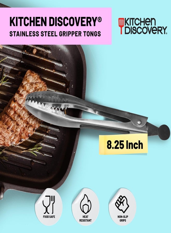 Kitchen Discovery Stainless Steel Gripper Tongs - 8.25 Inch Metal With Teeth for Nonslip Grilling, Cooking, and Serving - Ice and Pasta Grip Slippery Foods - Comfortable Cushioned Handles - Image 2