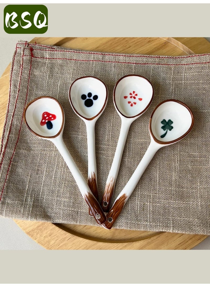 BSQ 4-Piece Ceramic Spoon Set | High-Quality Ceramic Soup Spoon Set | Hand-Painted Porcelain Spoons | Lightweight Cutlery | Dessert Spoons | Suitable for Soup, Rice, and Desserts | Durable and Elegant Long-Handled Cutlery - Image 1