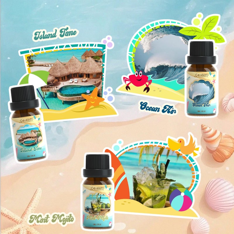 SALUBRITO Beach Fragrance Oils Set, Summer Essential Oils for Diffuser, Candle, Soap Making, Beachy Breeze, Sea Salt, Pink Island, Ocean Air, Island Time, Mint Mojito Scented Oil - Image 4