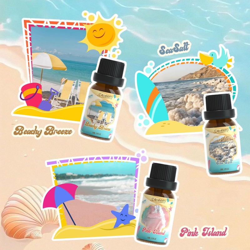 SALUBRITO Beach Fragrance Oils Set, Summer Essential Oils for Diffuser, Candle, Soap Making, Beachy Breeze, Sea Salt, Pink Island, Ocean Air, Island Time, Mint Mojito Scented Oil - Image 3