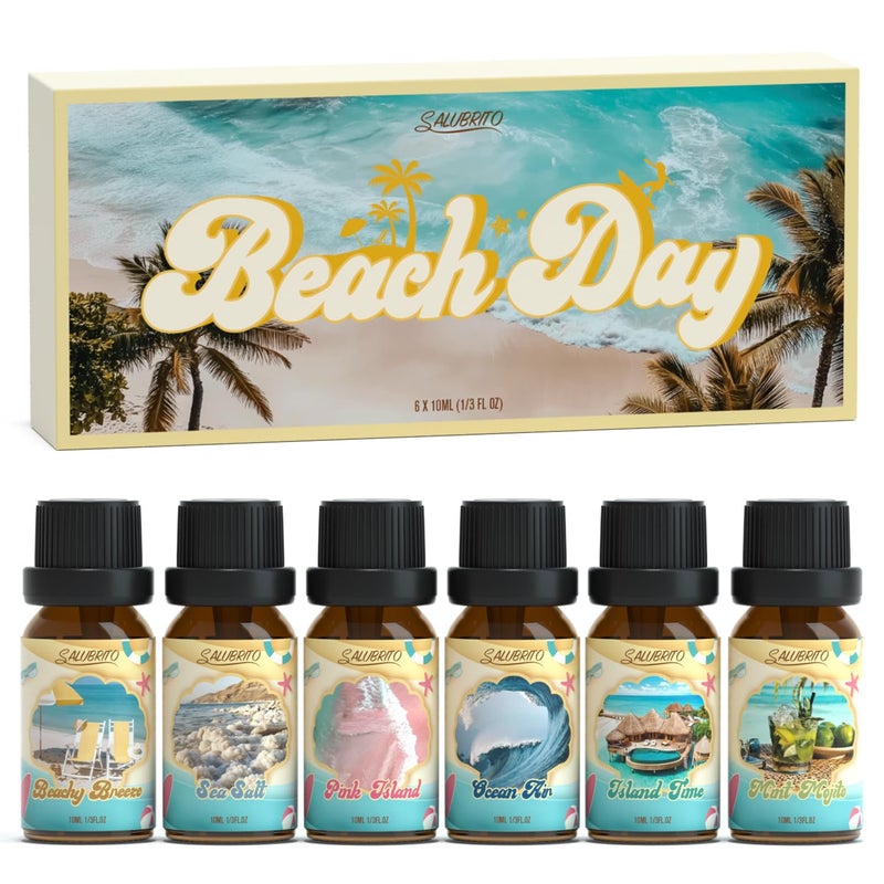 SALUBRITO Beach Fragrance Oils Set, Summer Essential Oils for Diffuser, Candle, Soap Making, Beachy Breeze, Sea Salt, Pink Island, Ocean Air, Island Time, Mint Mojito Scented Oil - Image 1
