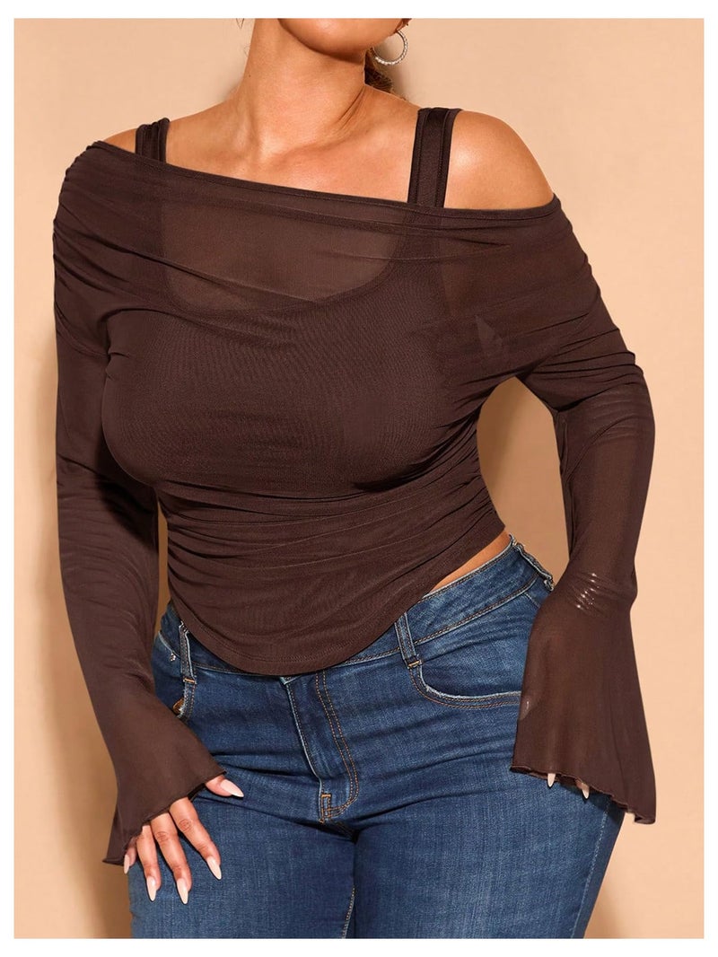 WDIRARA Women's Plus Size 2 in 1 Off Shoulder T Shirt Ruched Sheer Bell Long Sleeve Tee Coffee Brown XX-Large Plus - Image 3