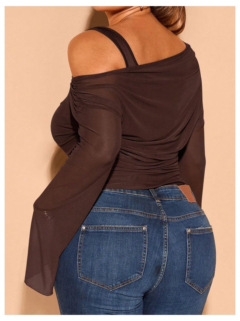 WDIRARA Women's Plus Size 2 in 1 Off Shoulder T Shirt Ruched Sheer Bell Long Sleeve Tee Coffee Brown XX-Large Plus - Image 2