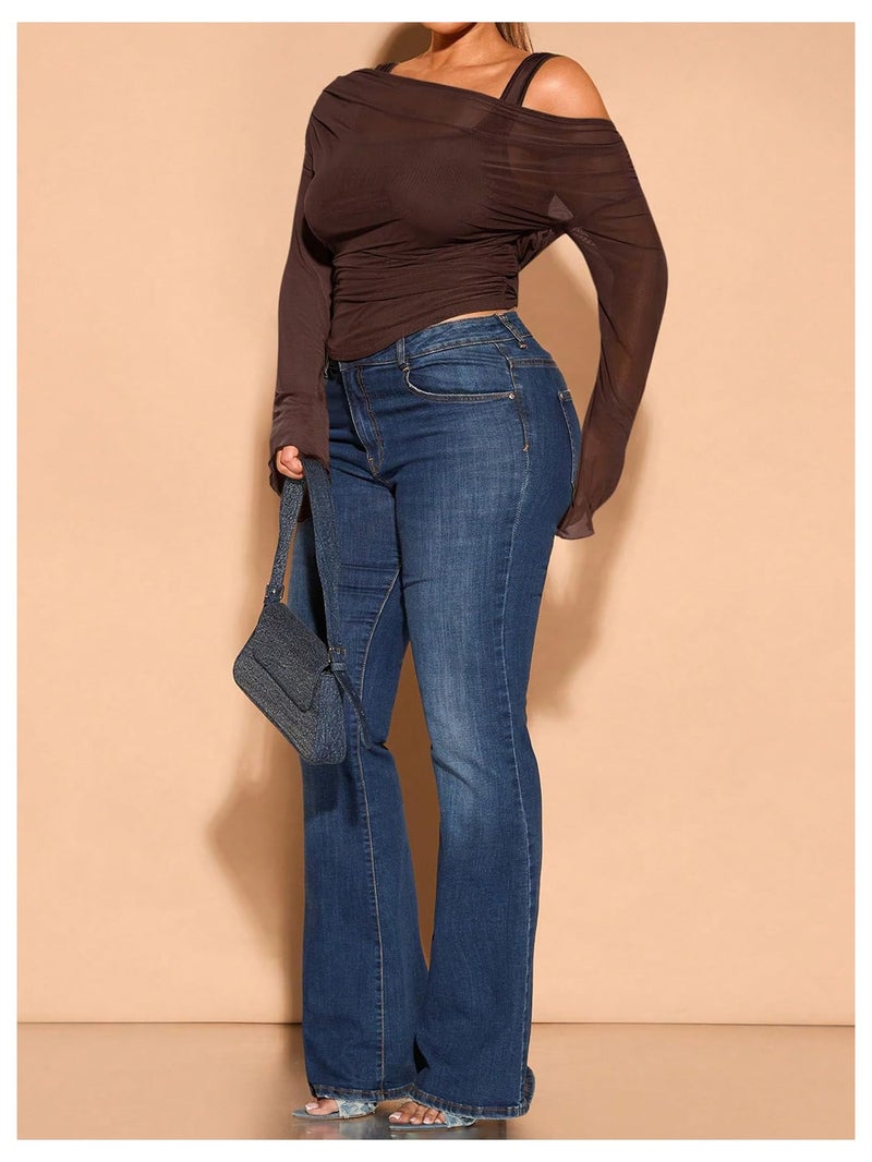 WDIRARA Women's Plus Size 2 in 1 Off Shoulder T Shirt Ruched Sheer Bell Long Sleeve Tee Coffee Brown XX-Large Plus - Image 5