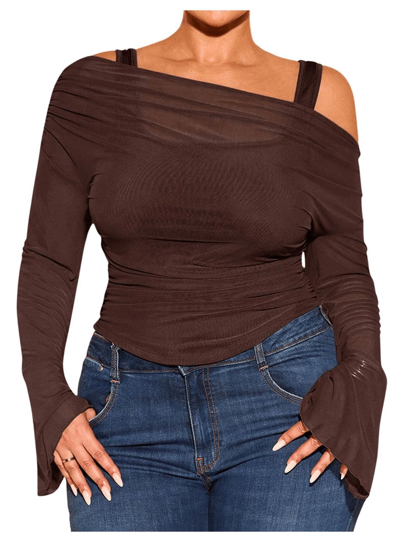 WDIRARA Women's Plus Size 2 in 1 Off Shoulder T Shirt Ruched Sheer Bell Long Sleeve Tee Coffee Brown XX-Large Plus - Image 1
