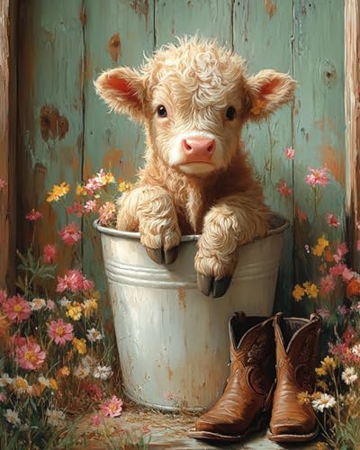MBNTJHT DIY Cute Cow Paint by Numbers Kit for Adults BeginnersSimple Highland Cow Paint by Number Kits on CanvasFlowers Digital Oil Painting Kits for Home Wall Decor 16X20 Inch - Image 1