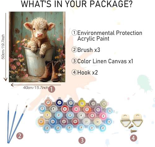 MBNTJHT DIY Cute Cow Paint by Numbers Kit for Adults BeginnersSimple Highland Cow Paint by Number Kits on CanvasFlowers Digital Oil Painting Kits for Home Wall Decor 16X20 Inch - Image 3
