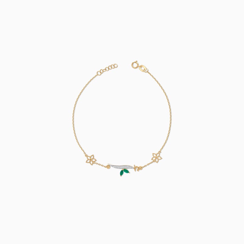 Jawhara Jewellery سوار من الذهب الأصفر عيار 18 للنساء، حرف عربي "ألف" بخط اليد مع ألماس طبيعي وأحجار كالسيدون الأخضر، مجموعة هروفى للمجوهرات الفاخرة من مجوهرات جوهرة - Image 1