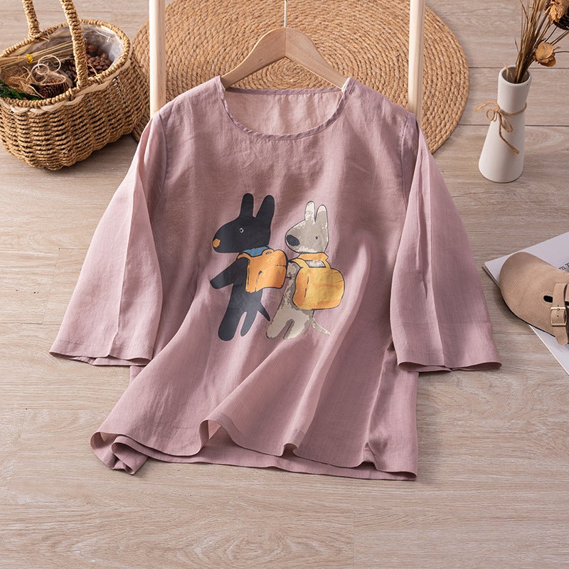 A228 Small Design Artistic Tone Loose Profile Printed T-Shirt Summer Artistic Cotton Linen T-Shirt Top Women'S Loose All-Match - Image 1