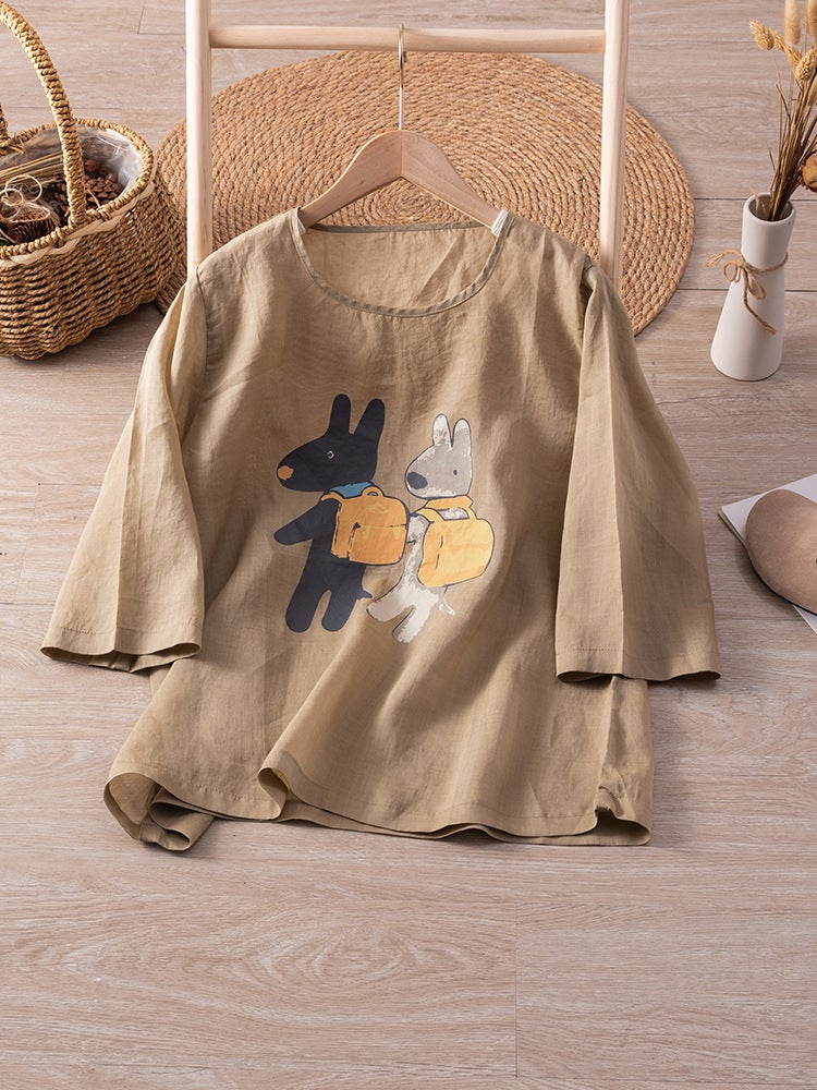 A228 Small Design Artistic Tone Loose Profile Printed T-Shirt Summer Artistic Cotton Linen T-Shirt Top Women'S Loose All-Match - Image 2