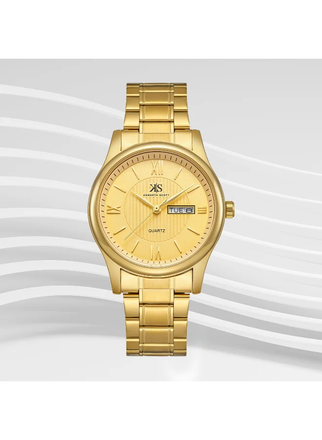 KENNETH SCOTT Men's Analog Display Watch With Gold Stainless Steel Strap - K23029-GBGC