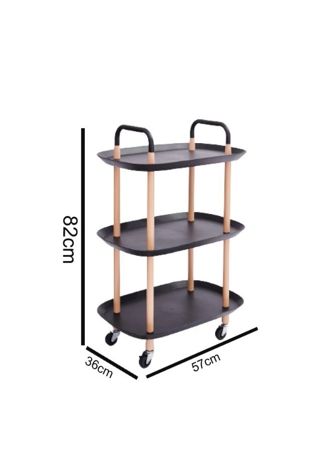 Storage Trolley Rack 3-Tier Mobile with Handles & Smooth Wheels for Kitchen, Bathroom, Living Room Black 57x36x82cm - Image 1