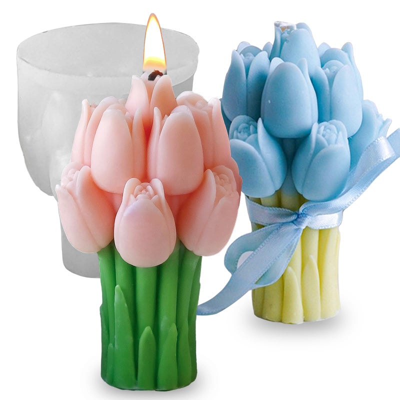 Japleed Tulip Bouquet Candle Soap Molds, 3D Tulip Flower Silicone Mold for Epoxy Resin Casting, Unique Floral Resin Wax Concrete Plaster Clay Molds for DIY Art Craft Home Wedding Decor - Image 1