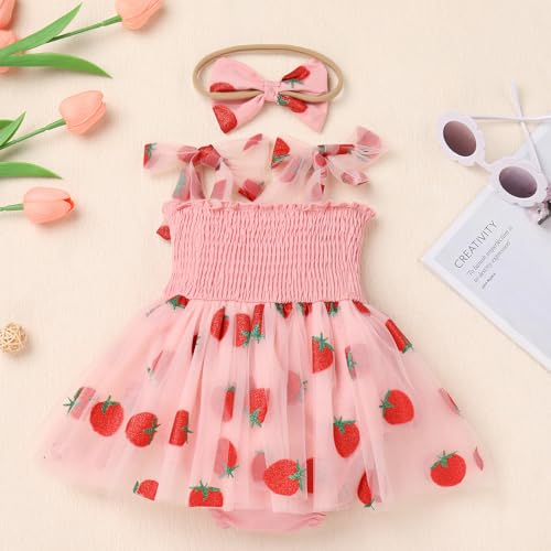ODASDO Baby Girls Berry 1st First Birthday Outfits, Strawberry One Year Old Party Cake Smash Toddlers Kids Smocked Tulle Tutu Princess Dresses Summer Bodysuit Wedding Pageant Sundress Pink 12-18M - Image 3