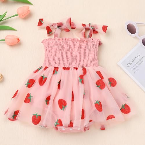 ODASDO Baby Girls Berry 1st First Birthday Outfits, Strawberry One Year Old Party Cake Smash Toddlers Kids Smocked Tulle Tutu Princess Dresses Summer Bodysuit Wedding Pageant Sundress Pink 12-18M - Image 4