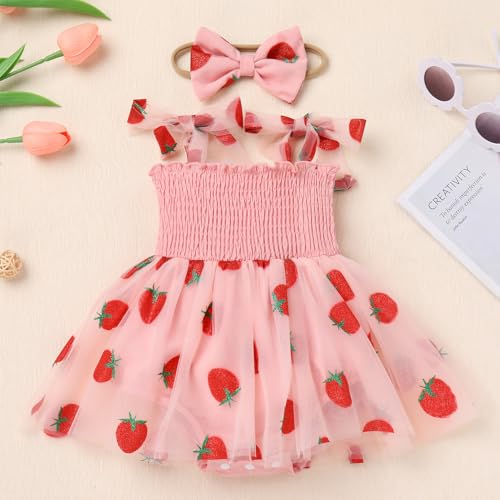 ODASDO Baby Girls Berry 1st First Birthday Outfits, Strawberry One Year Old Party Cake Smash Toddlers Kids Smocked Tulle Tutu Princess Dresses Summer Bodysuit Wedding Pageant Sundress Pink 12-18M - Image 2