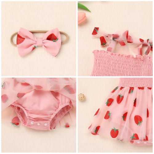 ODASDO Baby Girls Berry 1st First Birthday Outfits, Strawberry One Year Old Party Cake Smash Toddlers Kids Smocked Tulle Tutu Princess Dresses Summer Bodysuit Wedding Pageant Sundress Pink 12-18M - Image 5
