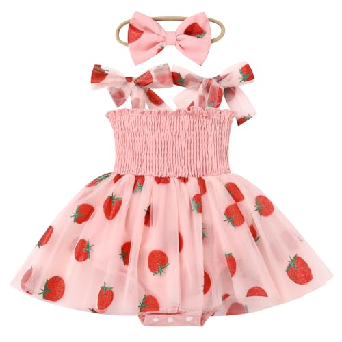 ODASDO Baby Girls Berry 1st First Birthday Outfits, Strawberry One Year Old Party Cake Smash Toddlers Kids Smocked Tulle Tutu Princess Dresses Summer Bodysuit Wedding Pageant Sundress Pink 12-18M - Image 1