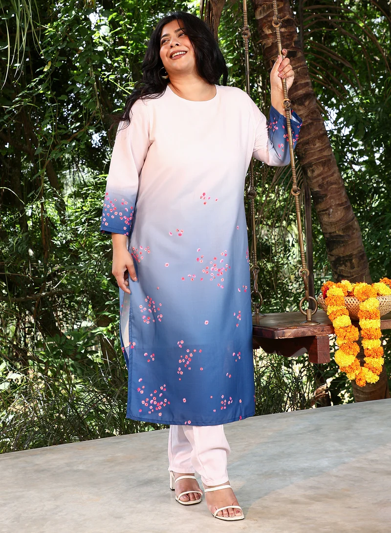 انستافاب بلس Instafab Plus Women's Soft Pink & Navy Blue Ombre Floret Kurta Set For Ethnic Wear | Round Neck, Quarter Regular Sleeves | Floral Print Plain Fabric | 2 Piece Kurta Set For Casual & Daily Wear