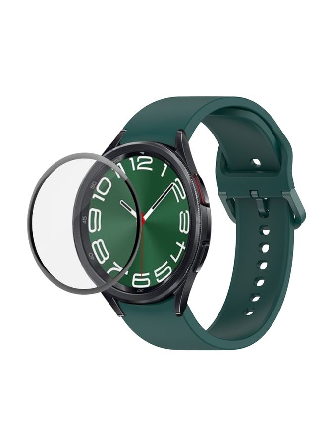 Replacement Strap For Samsung Galaxy Watch6 Classic 47mm JUNSUNMAY Silicone Adjustable Strap + Full Coverage PMMA Screen Protector Kit Dark Green