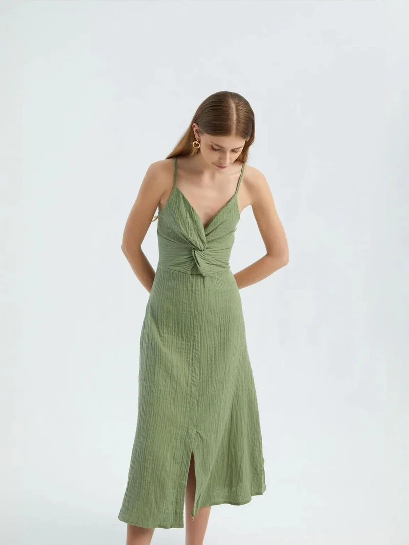 HICCUP sage green V Neck Sleeveless Midi Dress with a Side Slit for Women | Best Price UAE
