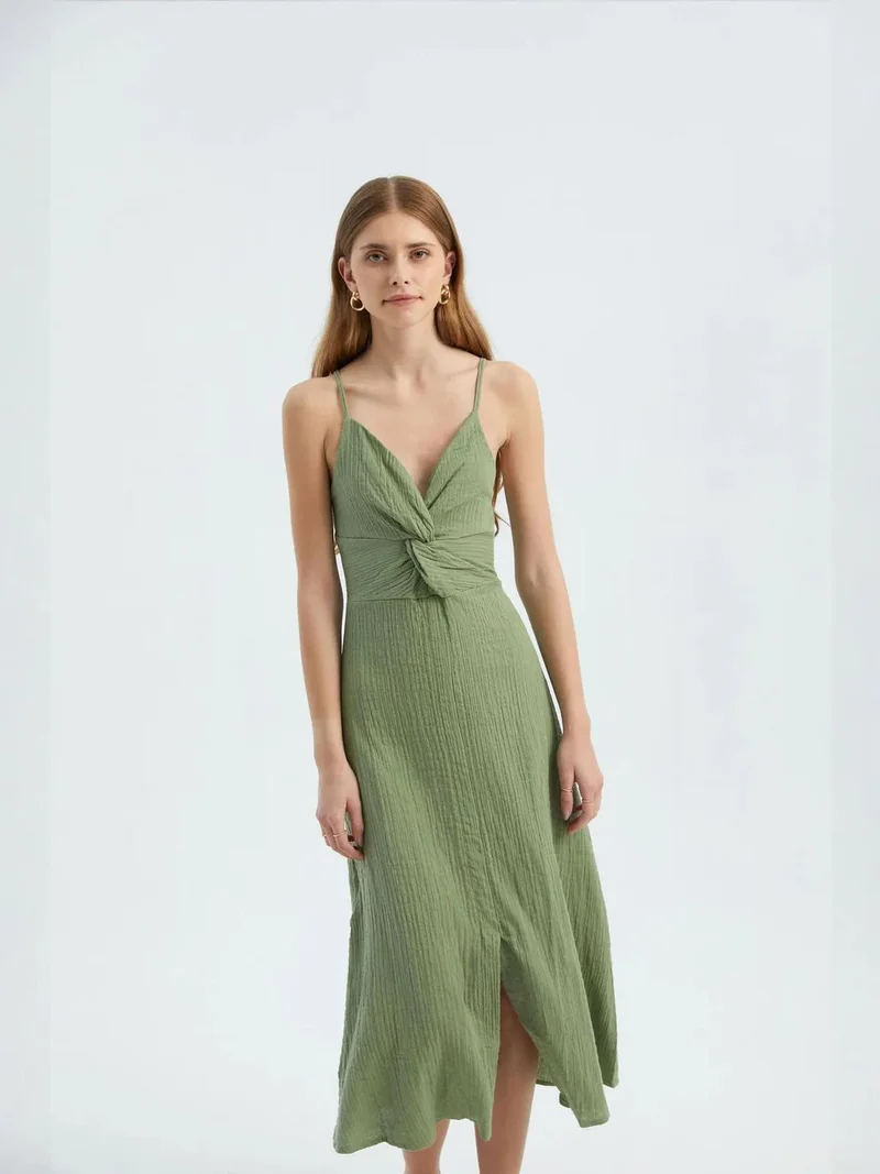 HICCUP sage green V Neck Sleeveless Midi Dress with a Side Slit for Women | Best Price UAE