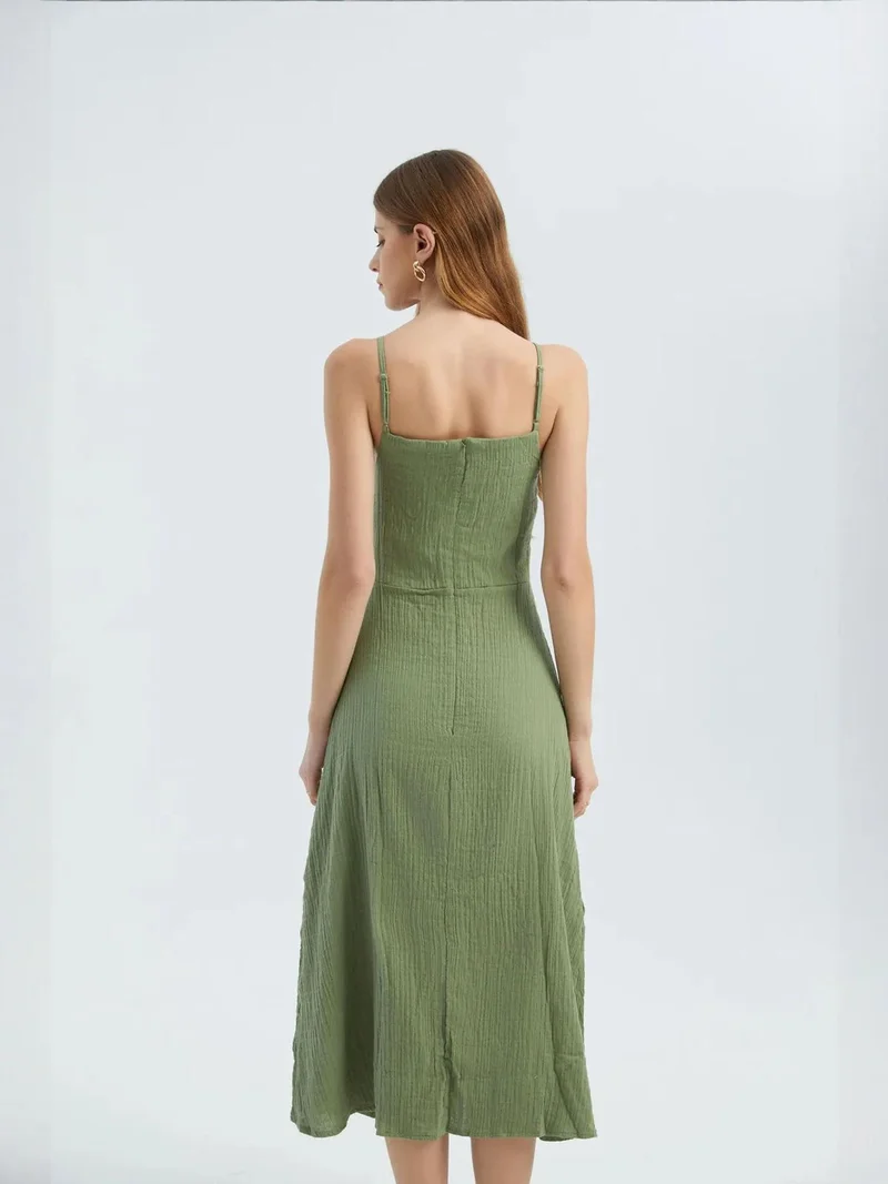 HICCUP sage green V Neck Sleeveless Midi Dress with a Side Slit for Women | Best Price UAE