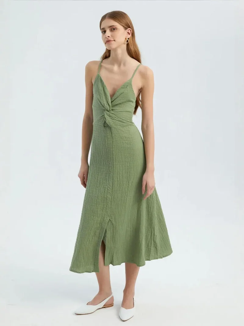 V Neck Sleeveless Midi Dress with a Side Slit