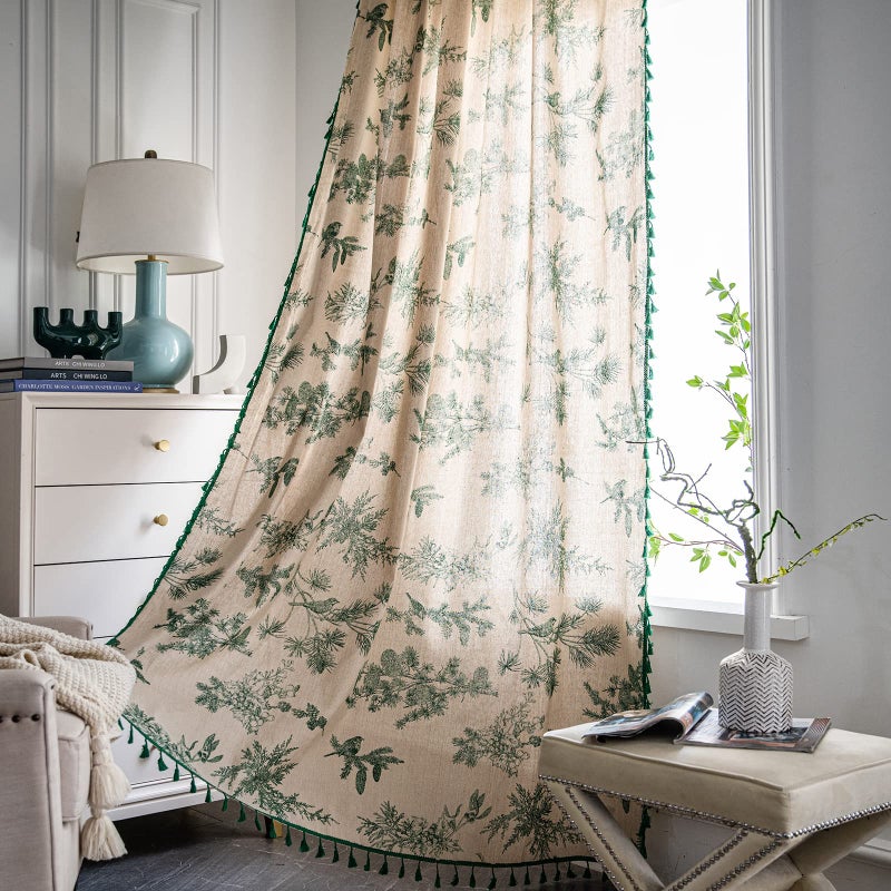 ENJOYBRIDAL Bohemian Curtains with Tassel Green Semi-Blackout Drapes 63 Inch Length Cotton Linen Farmhouse Window Curtain Panels Floral Pattern Rod Pocket Room Darkening Curtain for Living Room Bedroom, 2 Panel - Image 1