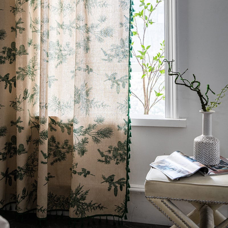 ENJOYBRIDAL Bohemian Curtains with Tassel Green Semi-Blackout Drapes 63 Inch Length Cotton Linen Farmhouse Window Curtain Panels Floral Pattern Rod Pocket Room Darkening Curtain for Living Room Bedroom, 2 Panel - Image 4