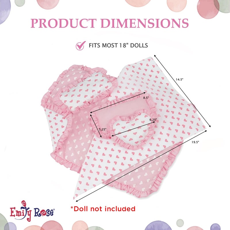 Emily Rose Doll Clothes | USA Business | 18 Inch Doll Pink Heart Bedding for Doll Beds Bunks Cribs & Cradles | Reversible 5 PC 18" Doll Bedding Gift Set! - Image 4