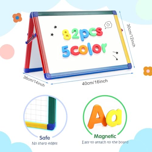 S SWANCROWN SWANCROWN Portable Dry Erase White Board for Kids 16x12 inch Toddler Boy Girl Toys Magnetic Table top Whiteboard Small Double Sided Art Easel with 82Pcs Letter Magnets Magnetic Foldable Board - Image 3