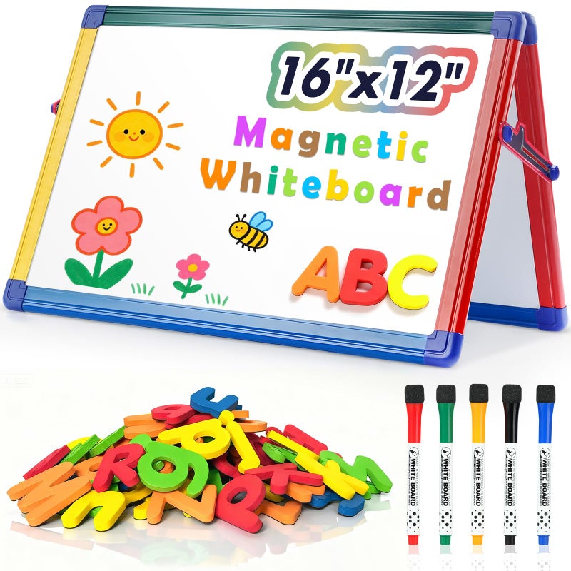 S SWANCROWN SWANCROWN Portable Dry Erase White Board for Kids 16x12 inch Toddler Boy Girl Toys Magnetic Table top Whiteboard Small Double Sided Art Easel with 82Pcs Letter Magnets Magnetic Foldable Board - Image 2