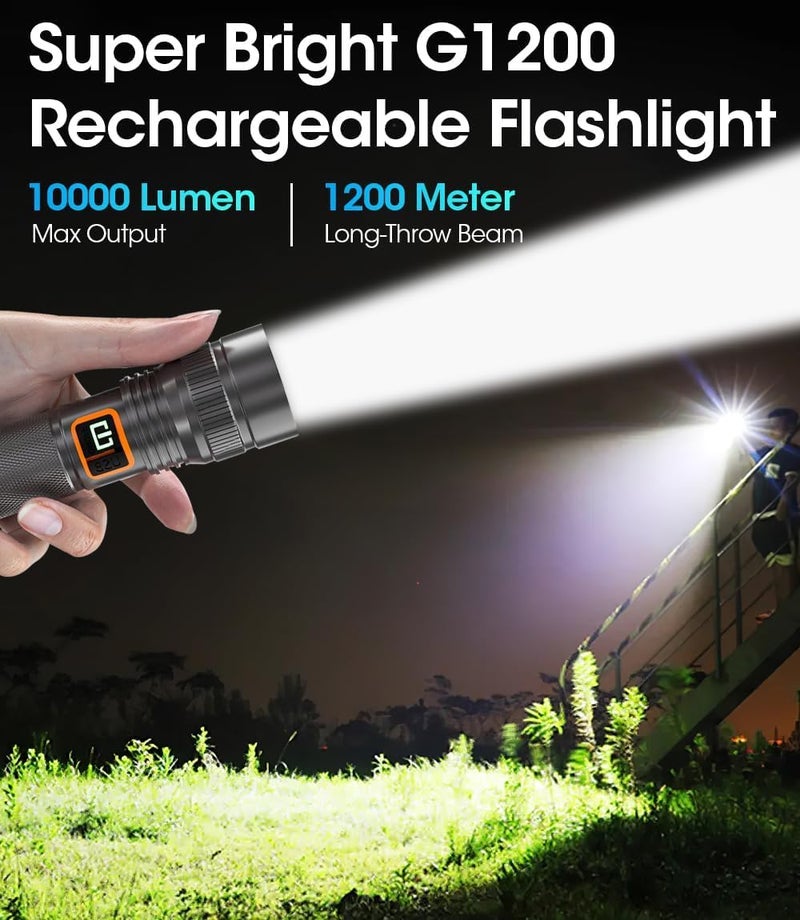 SOLARAE Zoomable Handheld Flashlight, 10000 Lumens Tactical Flashlight, Small Long Beam Flashlight, IPX6 Waterproof Flashlight for Camping, Home, Hiking, Fishing, Emergency, USB-C Rechargeable - Image 2
