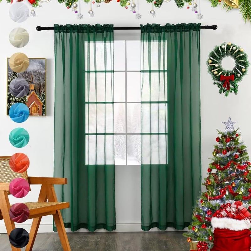 youleyar Solid Sheer Rod Pocket Curtain Voile Draperies 2 Panels White Beige Black Grey Coffee 60 Inch Width 63 Inch Long 1 Pair for Kitchen Bedroom Children Living Room Yard (Foliage Green 60Wx63L) - Image 1