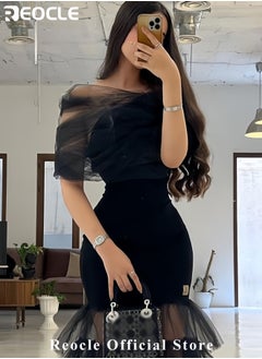 REOCLE Women's Dress Elegant Off Shoulder Lace Mesh Banquet Dress Ruffled Mesh Maxi Dress  - Image 3