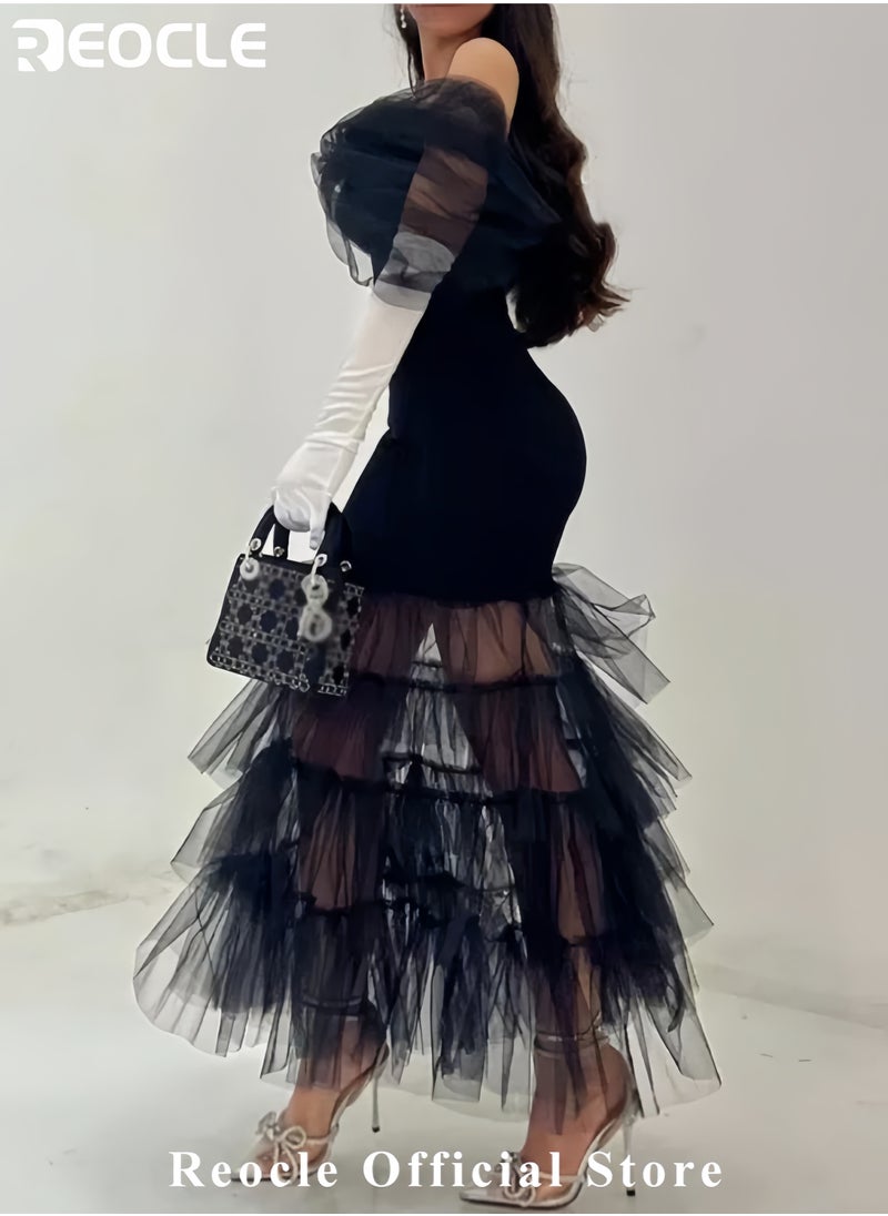 REOCLE Women's Dress Elegant Off Shoulder Lace Mesh Banquet Dress Ruffled Mesh Maxi Dress  - Image 5