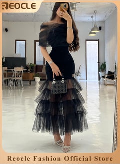 REOCLE Women's Dress Elegant Off Shoulder Lace Mesh Banquet Dress Ruffled Mesh Maxi Dress  - Image 1