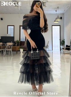 REOCLE Women's Dress Elegant Off Shoulder Lace Mesh Banquet Dress Ruffled Mesh Maxi Dress  - Image 2