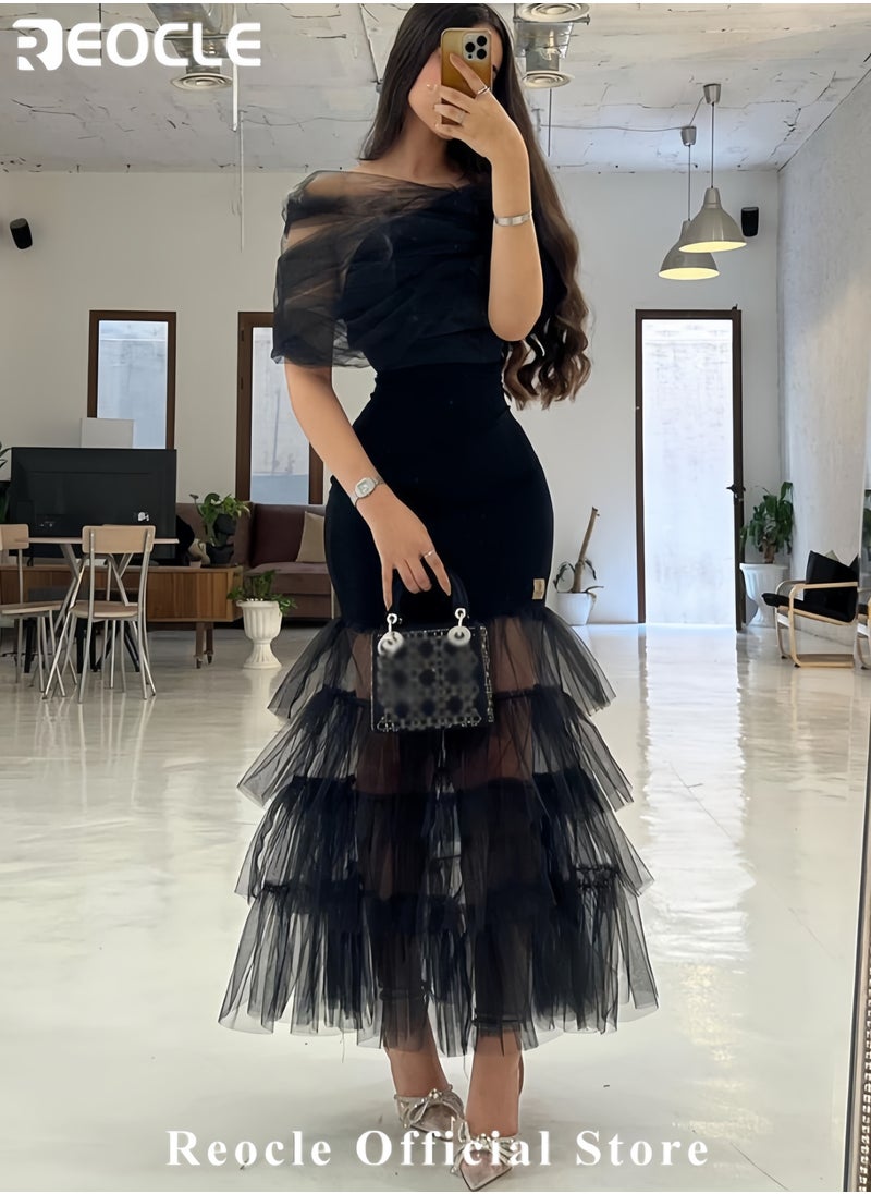 REOCLE Women's Dress Elegant Off Shoulder Lace Mesh Banquet Dress Ruffled Mesh Maxi Dress  - Image 2