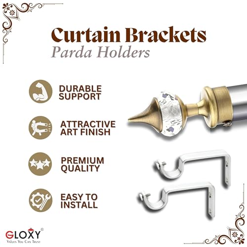 GLOXY ENTERPRISE Aluminium Single Diamond Curtain Brackets Parda Holders with Support Fittings 1 Inch Rod Pocket Finials Designer Door and Window (Antique 6 Pair) - Image 2