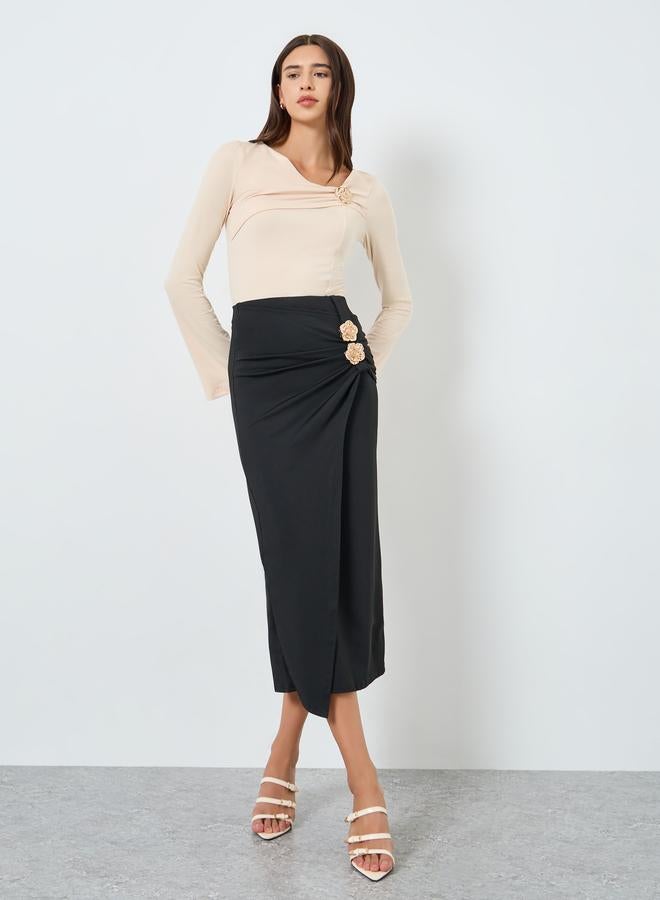 Take Two Solid Ruffled Metal Flower Detail Fitted Top - Image 2