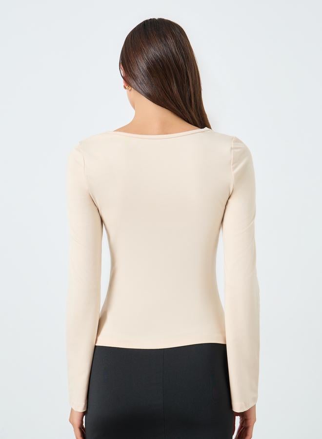 Take Two Solid Ruffled Metal Flower Detail Fitted Top - Image 5