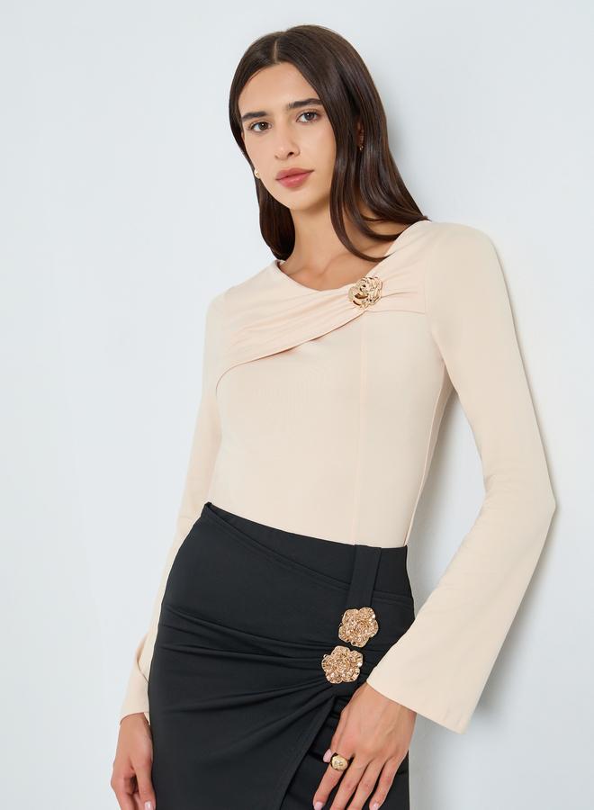 Take Two Solid Ruffled Metal Flower Detail Fitted Top - Image 1