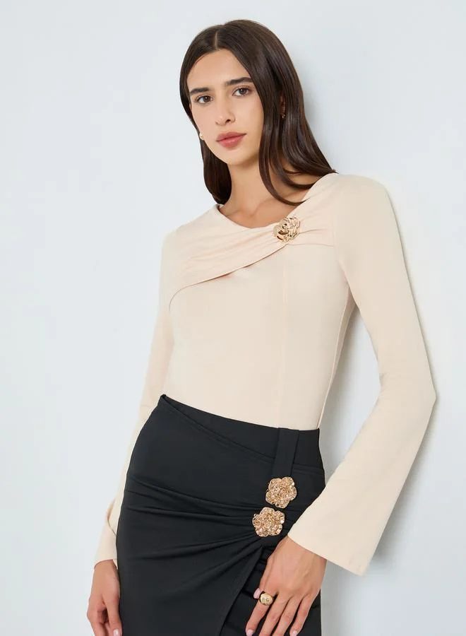 Take Two Solid Ruffled Metal Flower Detail Fitted Top