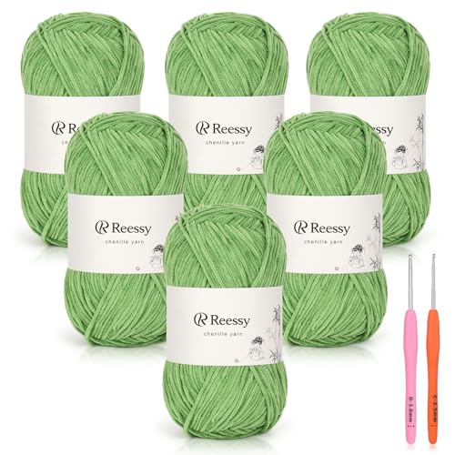 Reessy Skinny Chenille Yarn for Crocheting - 6 Pack of 50g/158yd (948yd Total) - Soft Matte Thin Chenille CYC #2 - Fine Weight Baby Yarn for Plush Toys, Baby Blankets & Small Crafts(Army Green) - Image 1
