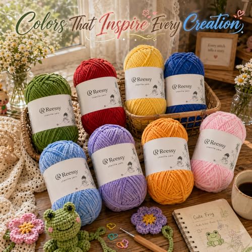 Reessy Skinny Chenille Yarn for Crocheting - 6 Pack of 50g/158yd (948yd Total) - Soft Matte Thin Chenille CYC #2 - Fine Weight Baby Yarn for Plush Toys, Baby Blankets & Small Crafts(Army Green) - Image 4